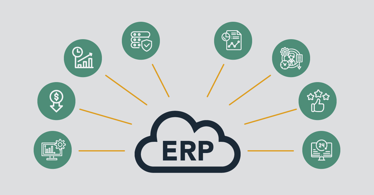 cloud with ERP in center and lines branching off to icons of different parts of ERP systems